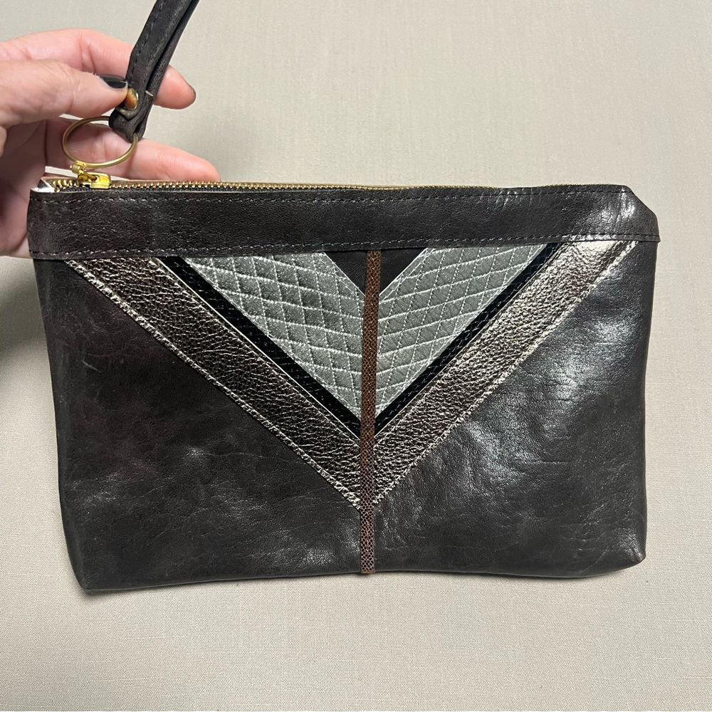 Maya Moon Leather Wristlet Clutch in Black and Silver